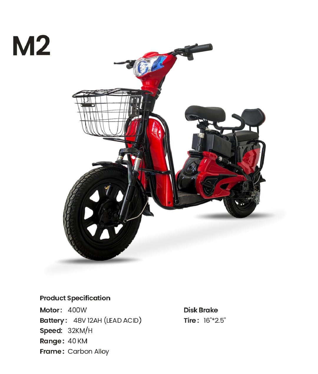 M2 Scooter With Grocery Basket With Strong Battery Red