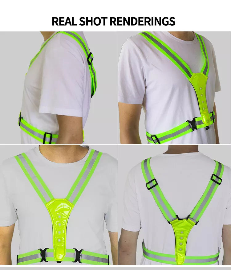 Green Reflective Illuminated Light Up Safety Vest Dusk Walking Running LED Bulbs