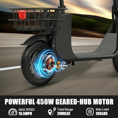 Electric Scooter for Adults with Seat, 450W Motor, 36V 8Ah, 18.5MPH Speed, 25 Miles Range, Basket for Men Women