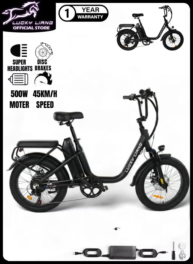 Lucky Liang U03 Electric Bike 500W Motor (750W Max), 48V 13Ah Battery, 45Km/h Speed, 45Km Range, 20”3.0 Tires, Disc Brakes, Carbon Steel Frame – Powerful Long Range E-Bike for Adults